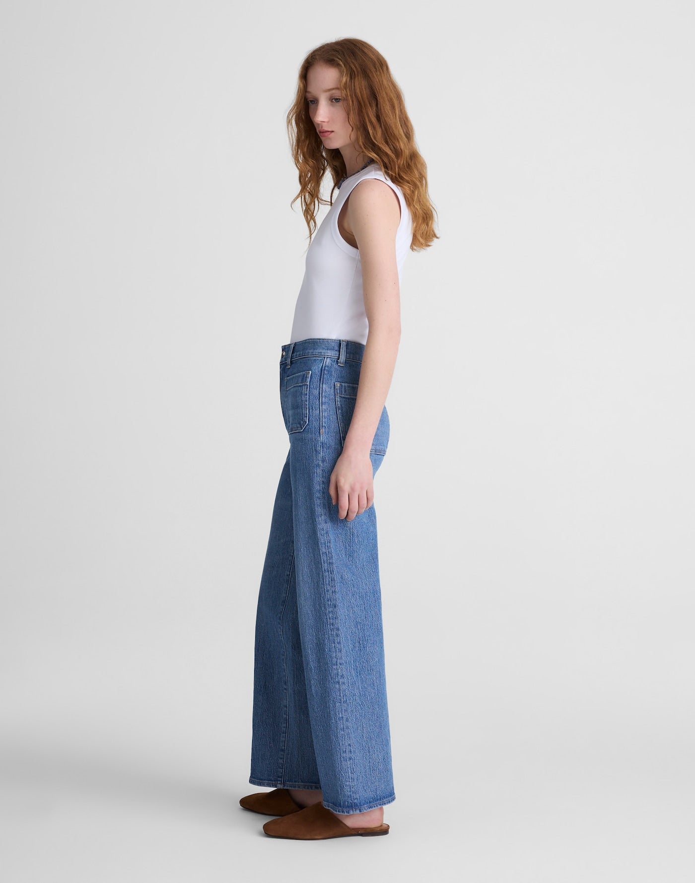 Madewell The Emmett Wide-Leg Full Length Jean Patch Pocket Edition in Driftwater Wash 99% Cotton 1% Elastane