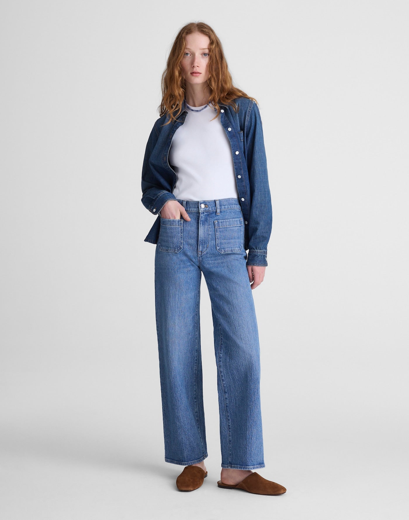 Madewell The Emmett Wide-Leg Full Length Jean Patch Pocket Edition in Driftwater Wash 99% Cotton 1% Elastane