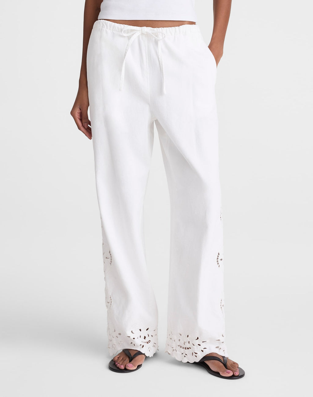 Madewell Embroidered Denim Pull-On Pants in Tile White 58% Cotton 42% TENCEL Lyocell