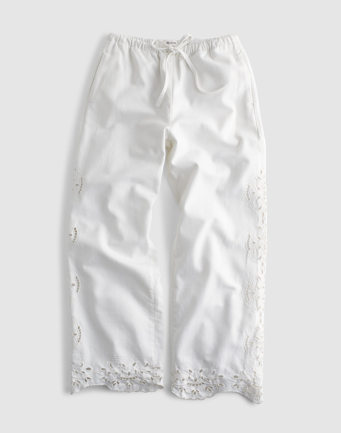 Madewell Embroidered Denim Pull-On Pants in Tile White 58% Cotton 42% TENCEL Lyocell