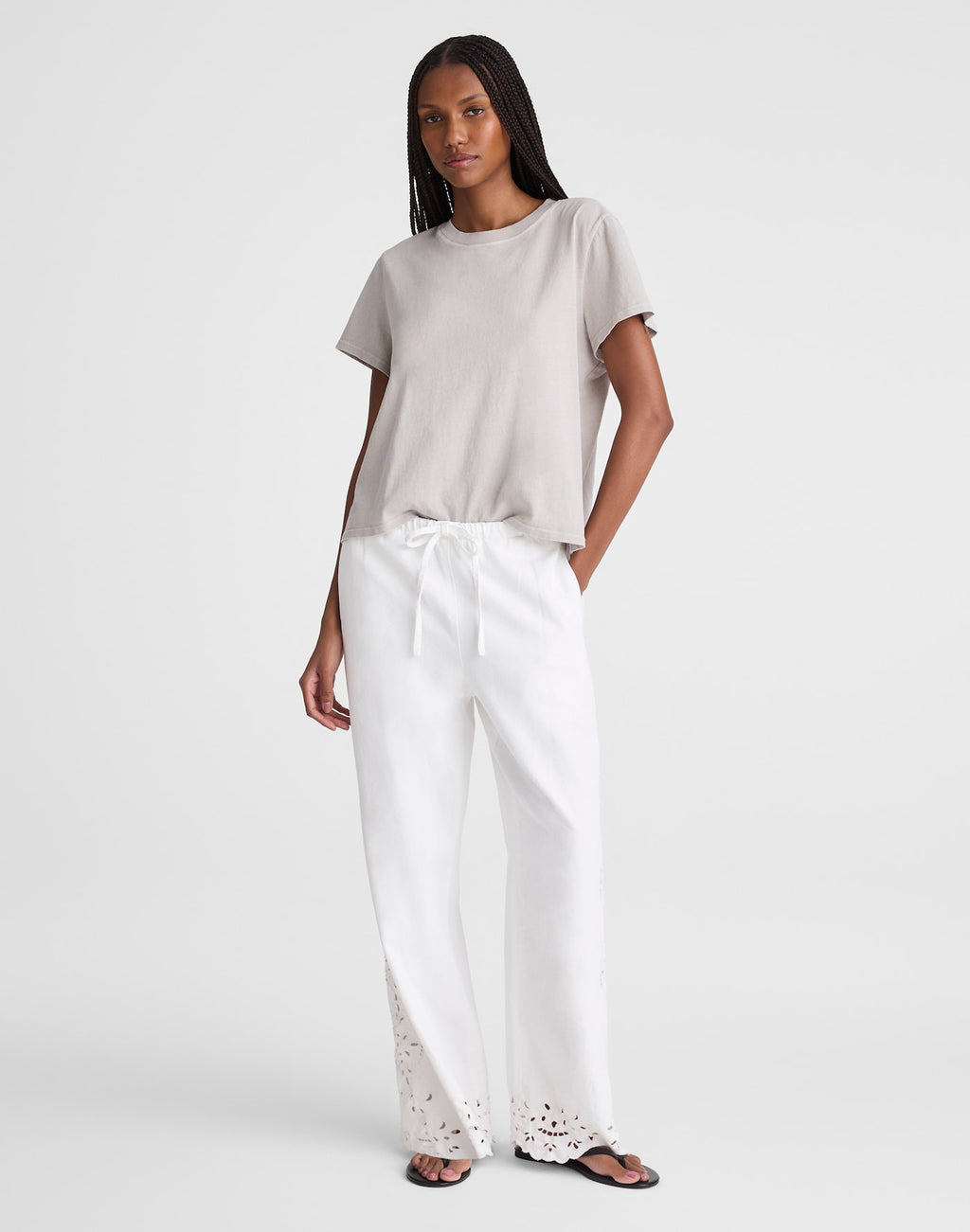 Madewell Embroidered Denim Pull-On Pants in Tile White 58% Cotton 42% TENCEL Lyocell